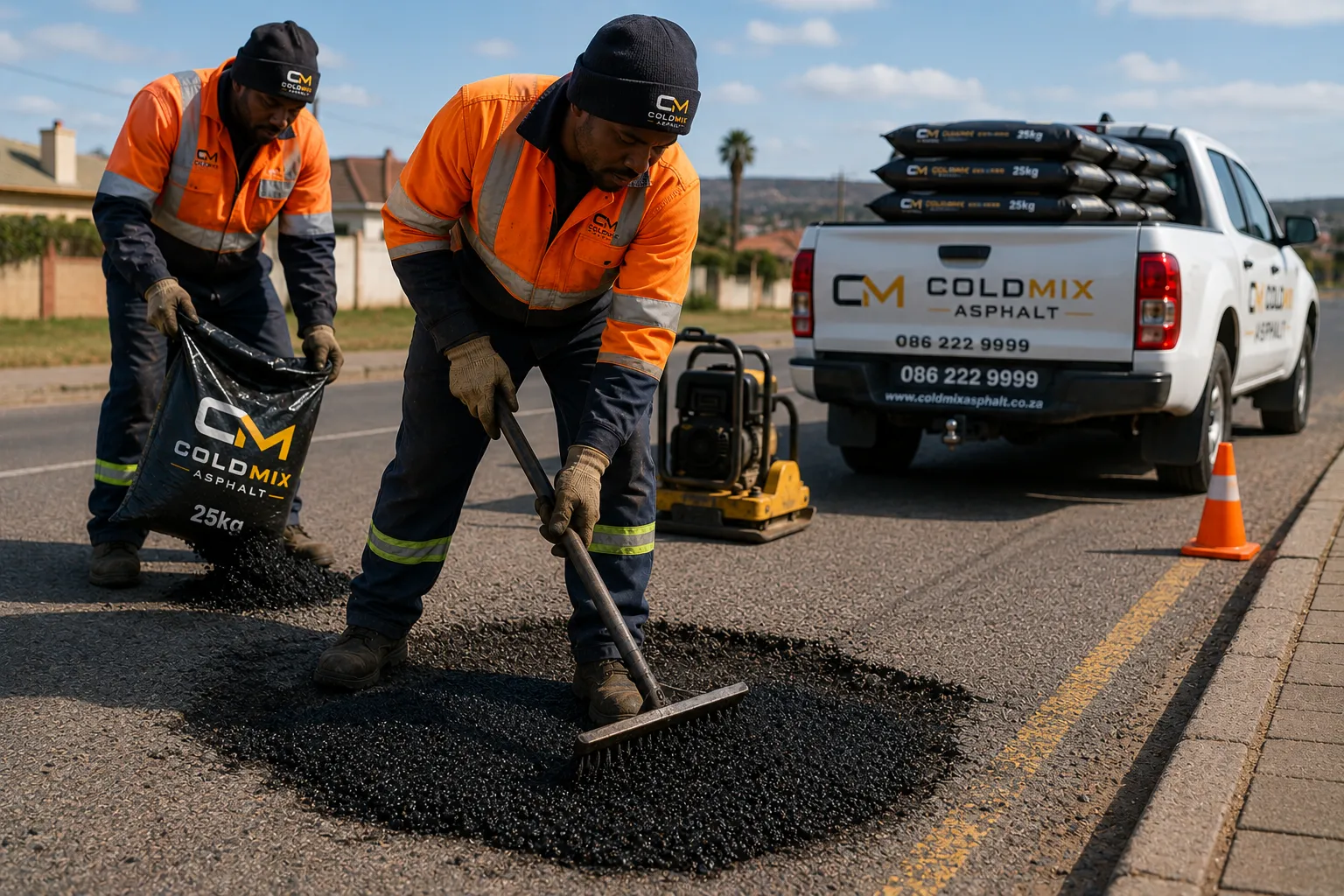 Cold Mix Asphalt South Africa team on the job — workers spreading and raking fresh cold mix asphalt on a South African road, CM Asphalt branded bakkie in background