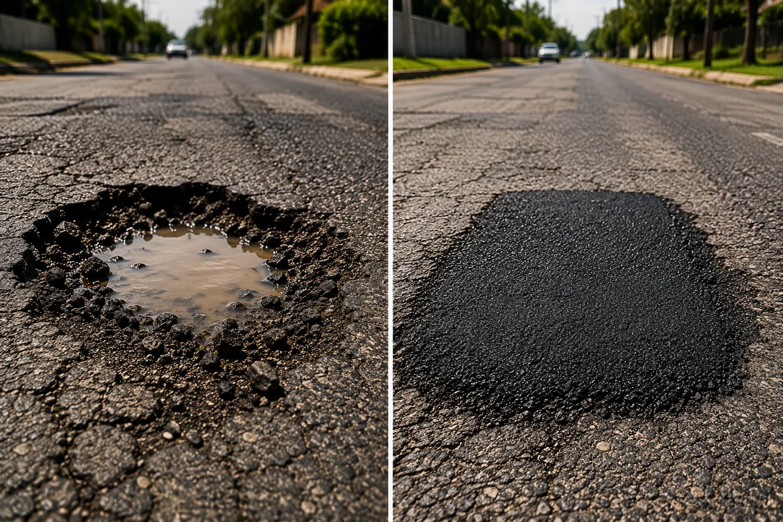 Pothole repair before and after — water-filled crumbling pothole on South African road next to smooth permanent cold mix asphalt repair