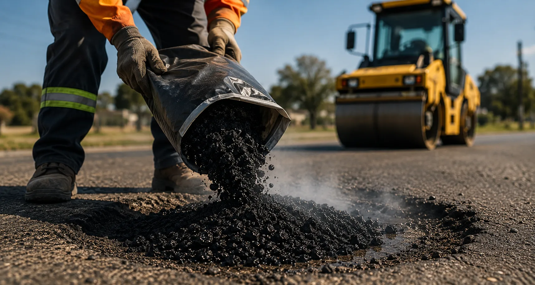 Step 2: Road worker pouring cold mix asphalt directly from bag into pothole, with road roller in background
